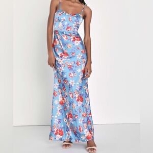 Lulus - M Blue Floral Satin Bustier Dress